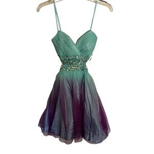 DEB sexy backless mini metallic jeweled party prom dress purple teal size 5